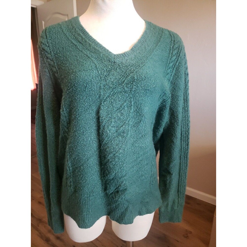 Talbots Sweater Women's Green Sz. L  Cable Knit V-Neck Soft Plus Size Pullover